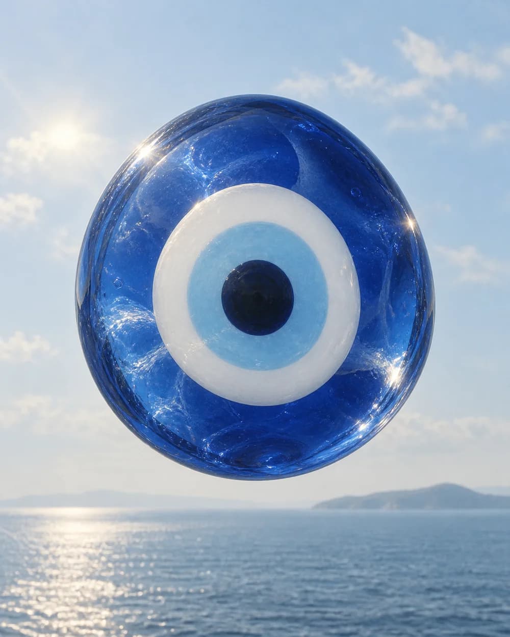 Un occhio di Nazar in vetro blu, sospeso tra il cielo e il mare